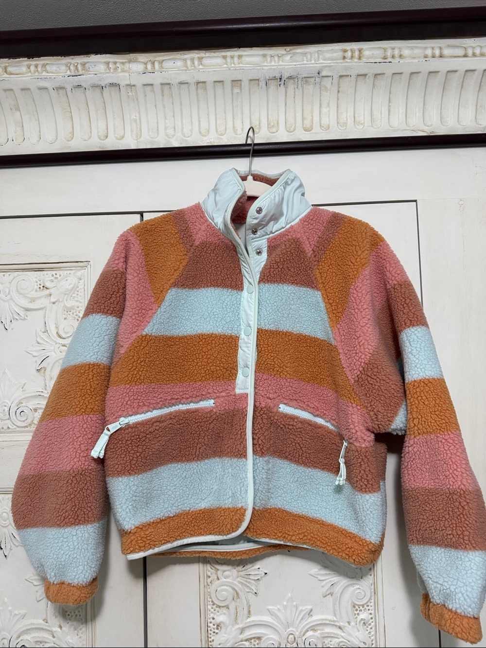FP Movement by Free People Colorblock Sherpa Jacket in Pink, Rust & Light Blue